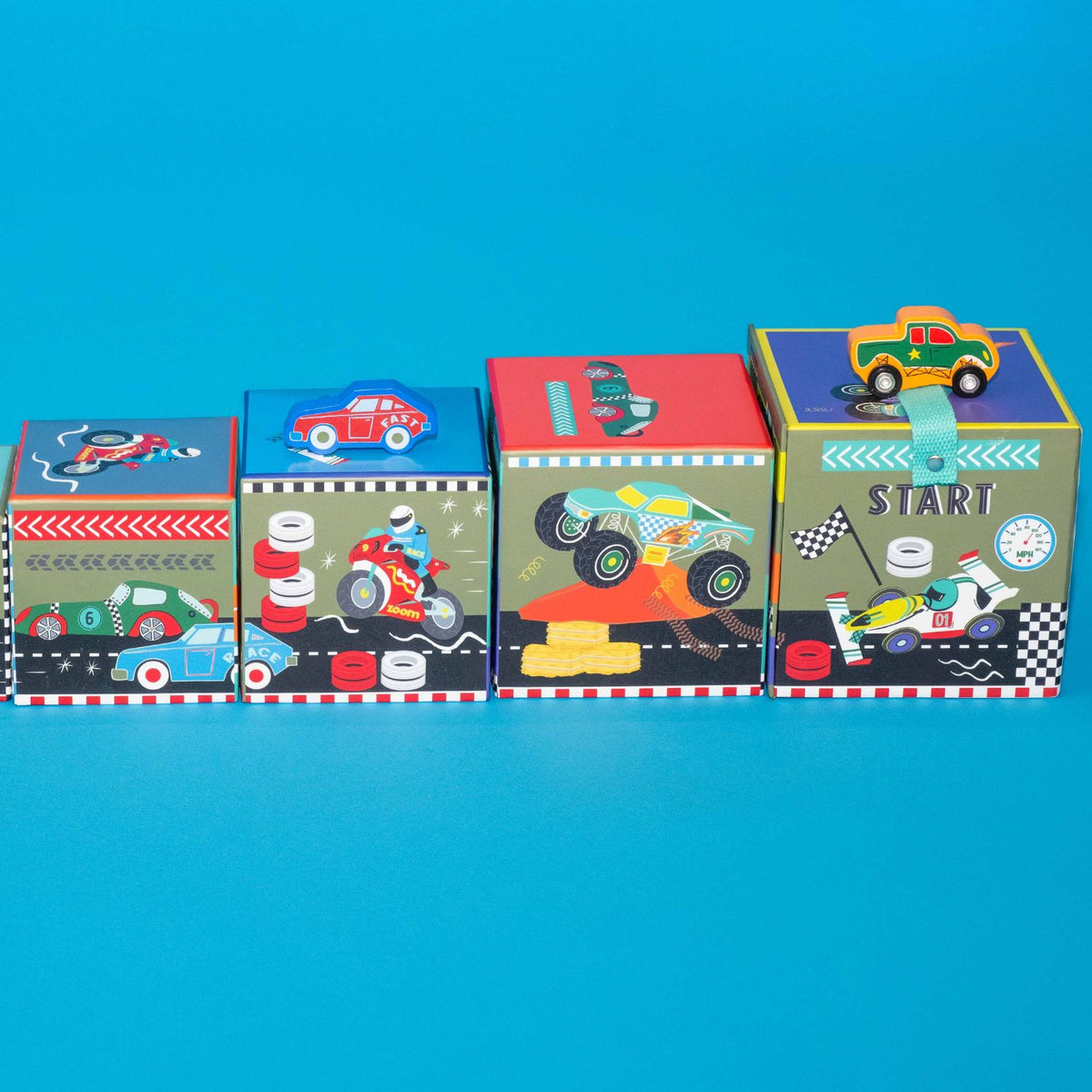 Set of colorful children's racing car stacking blocks