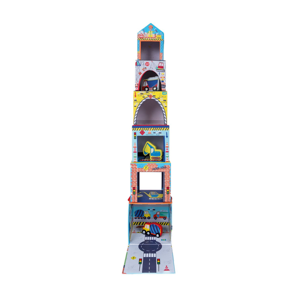 Stack of colorful children's stacking blocks with vehicle and construction themed illustrations 