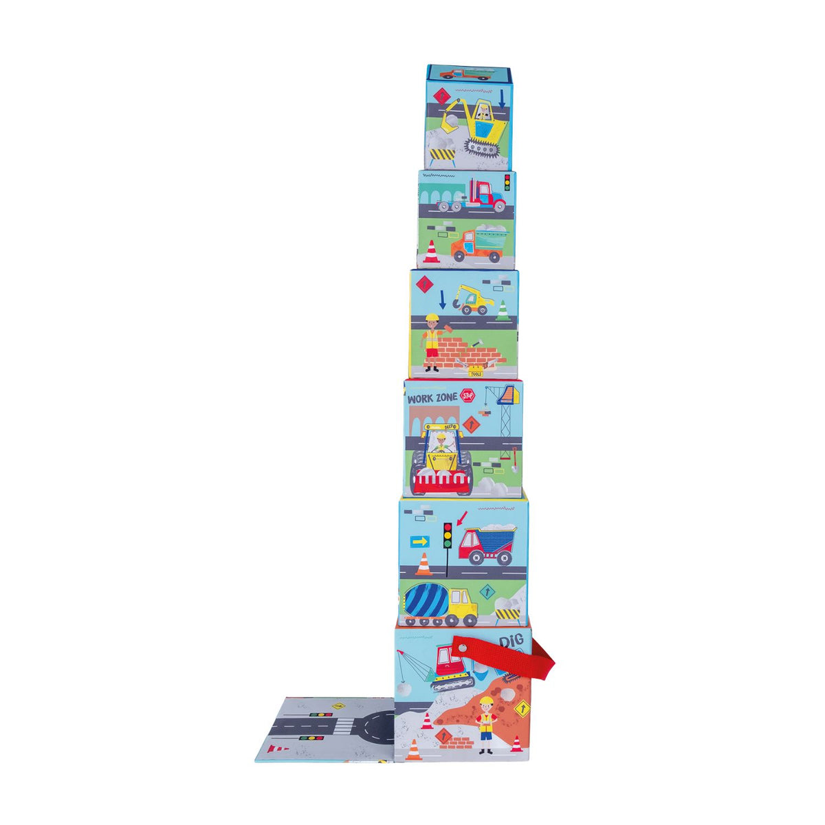 Stack of colorful children's stacking blocks with construction themed illustrations 