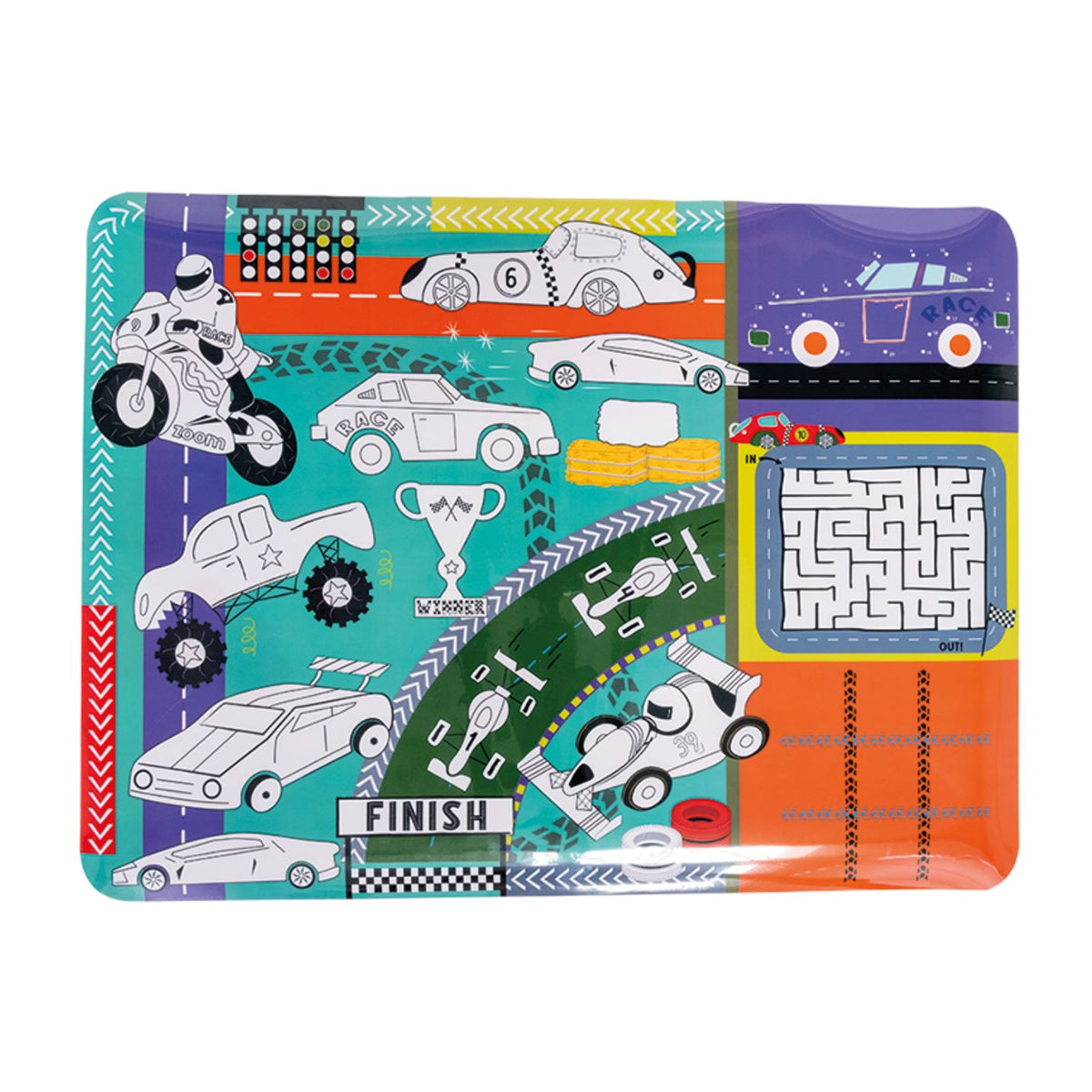 Packaging of a Colouring Fun and Games Mat with a car theme, including a silicone mat, pens, and a cleaning cloth.
