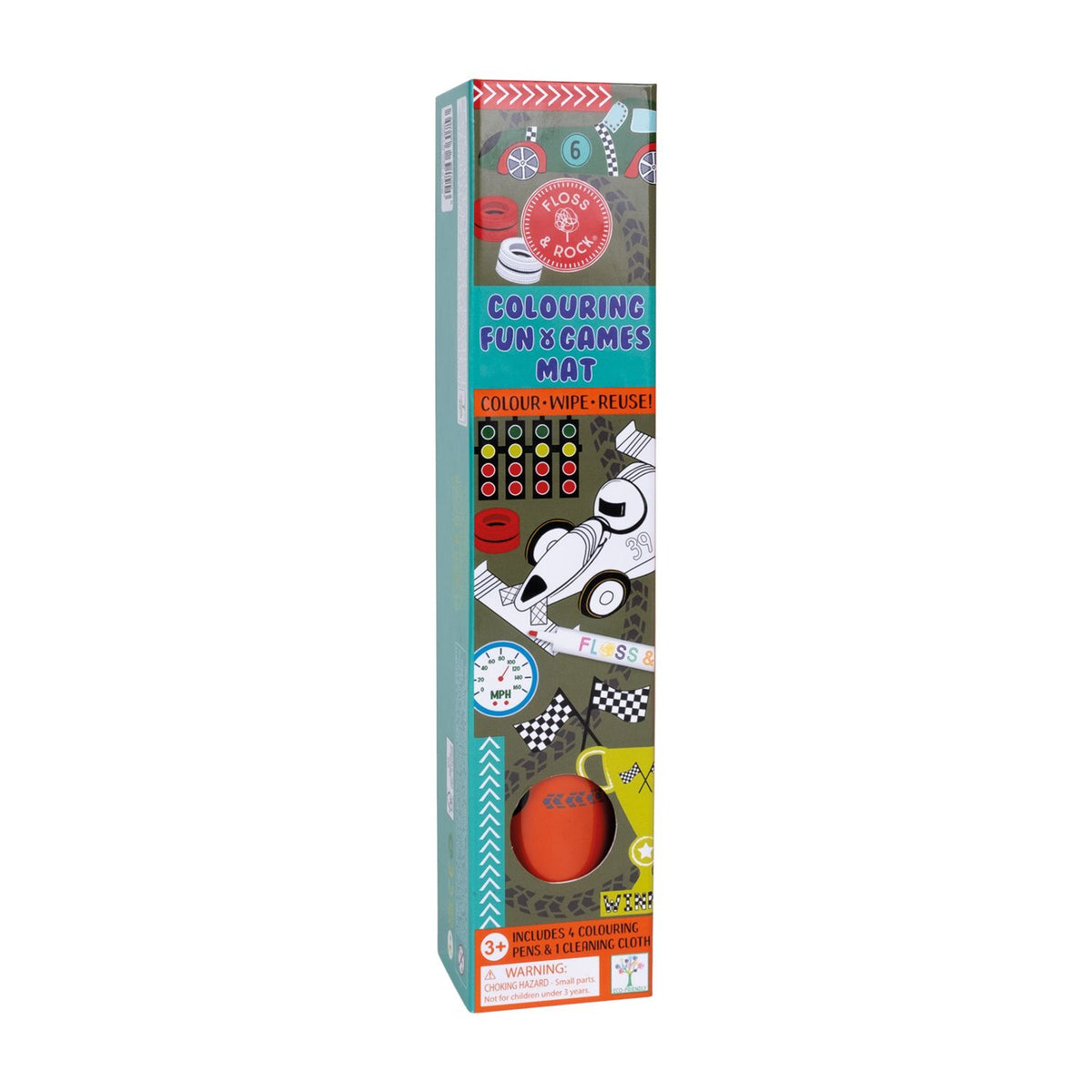 Packaging of a Colouring Fun and Games Mat with a car theme, including a silicone mat, pens, and a cleaning cloth.