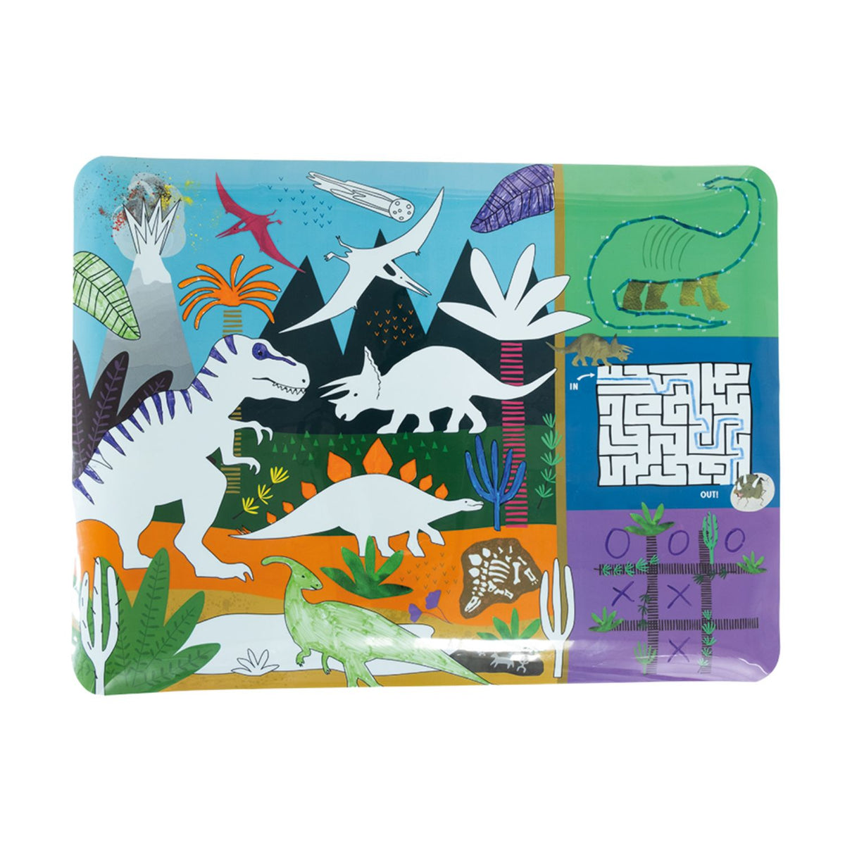 Packaging of a Colouring Fun and Games Mat with a dinosaur theme, including 4 color dry wipe pens and a cleaning cloth.