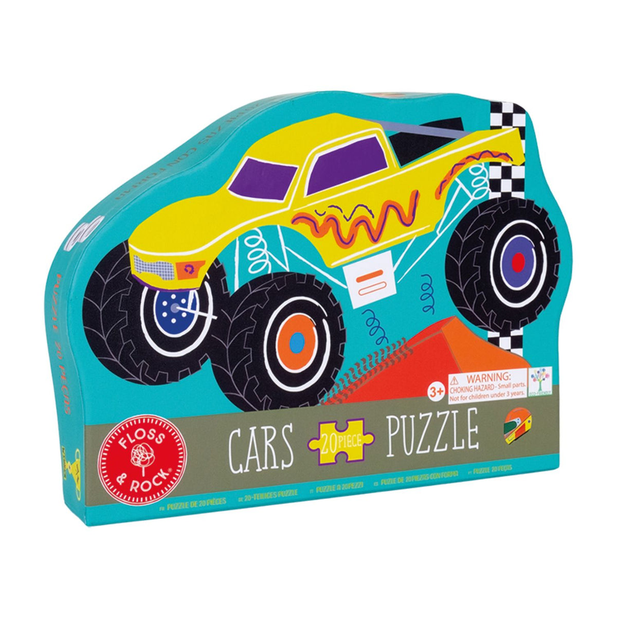 A high-quality car jigsaw puzzle, uniquely shaped reusable storage box featuring a monster truck design and metallic foil detailing on the logo and trim.