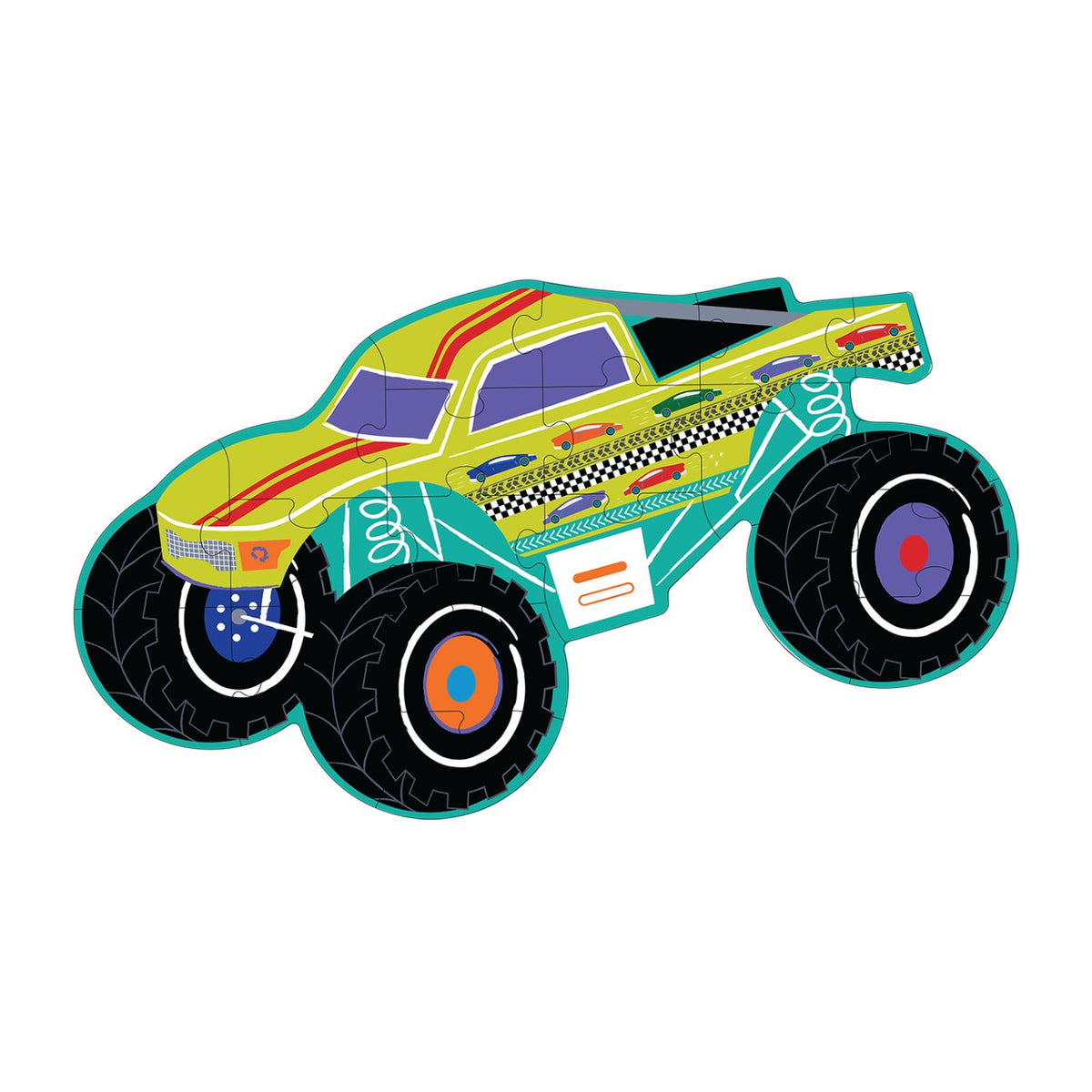 A completed 20-piece shaped puzzle (37 x 65cm) forming a large, vibrant monster truck with oversized tires and shimmering silver foil accents.