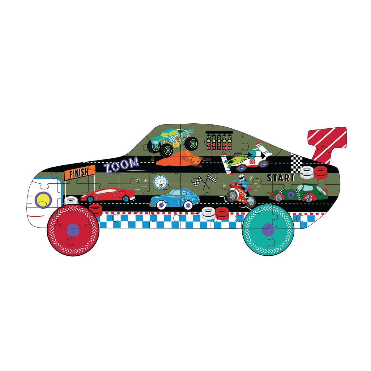 A completed 40-piece shaped floor puzzle in the silhouette of a car, featuring a detailed racetrack scene with monster trucks, motorbikes, and racing cars.