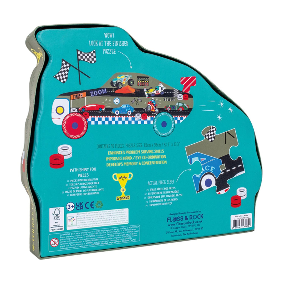 This large floor puzzle (34 x 82cm) comes in a premium reusable shaped box. Printed with soy inks and made from recycled materials, it's the perfect gift for any young racing enthusiast.