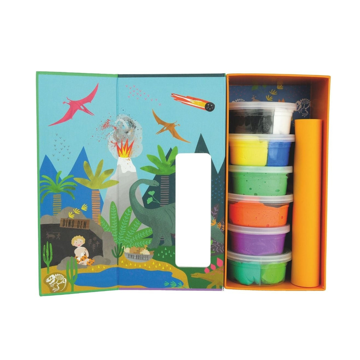 Clay and Play Dinosaurs Kit showing 6 pots of colourful air-dry clay, a wooden styling tool, and instruction cards against a prehistoric-themed background.