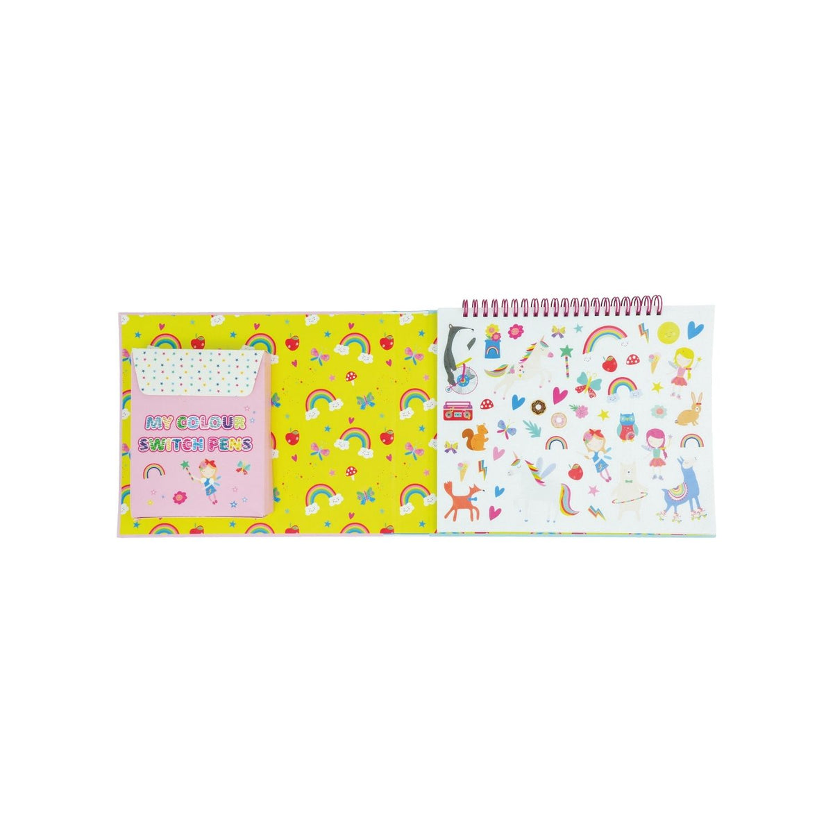 A colorful art and craft activity book titled 'Colour Switch Magic' featuring various drawings and designs, with pens and other craft materials included.