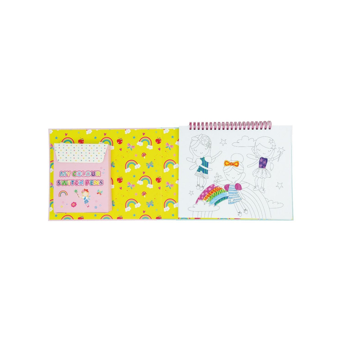 A colorful art and craft activity book titled 'Colour Switch Magic' featuring various drawings and designs, with pens and other craft materials included.