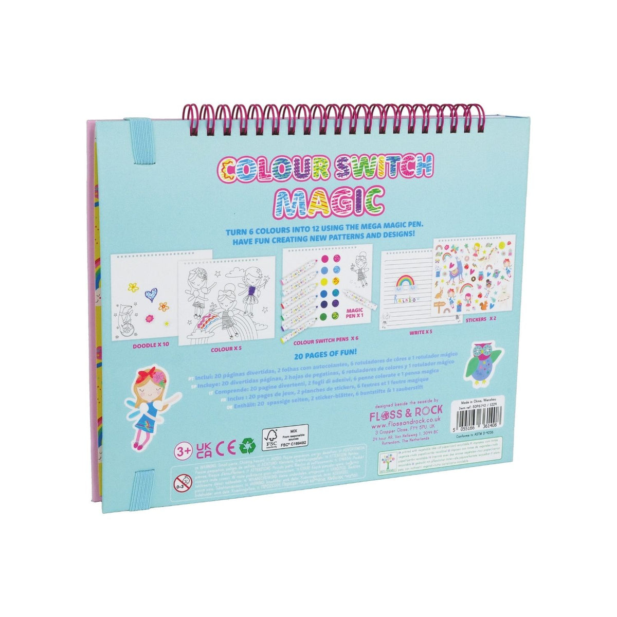 A colorful art and craft activity book titled 'Colour Switch Magic' featuring various drawings and designs, with pens and other craft materials included.