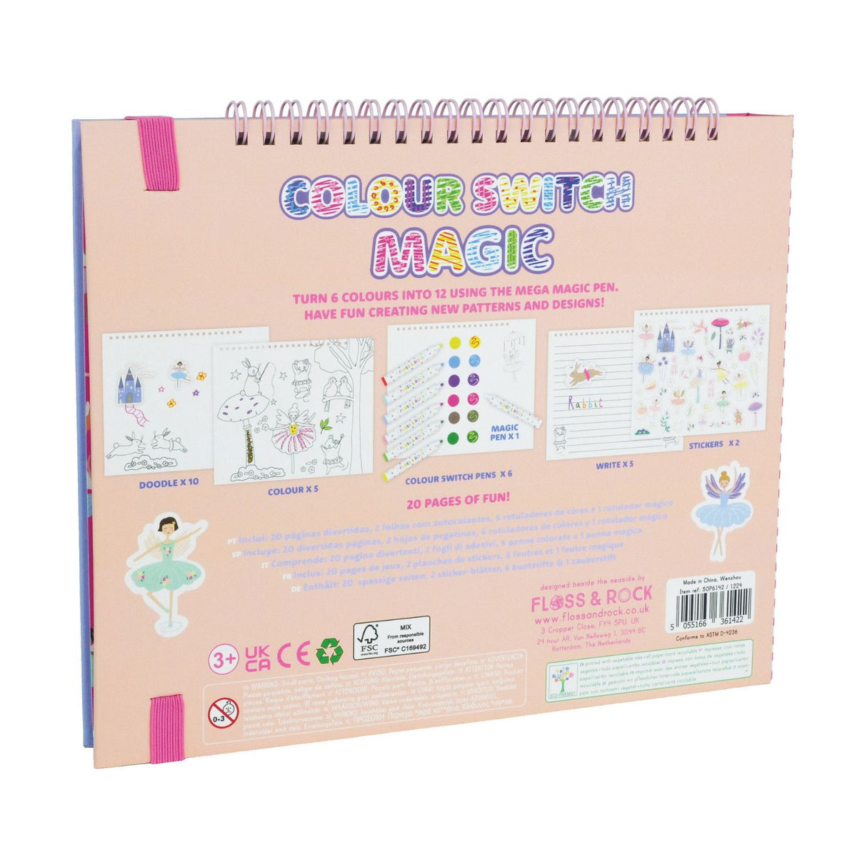 A colorful art and craft activity book titled 'Colour Switch Magic' featuring illustrations of fairies and various craft elements, with a magic white pen included.