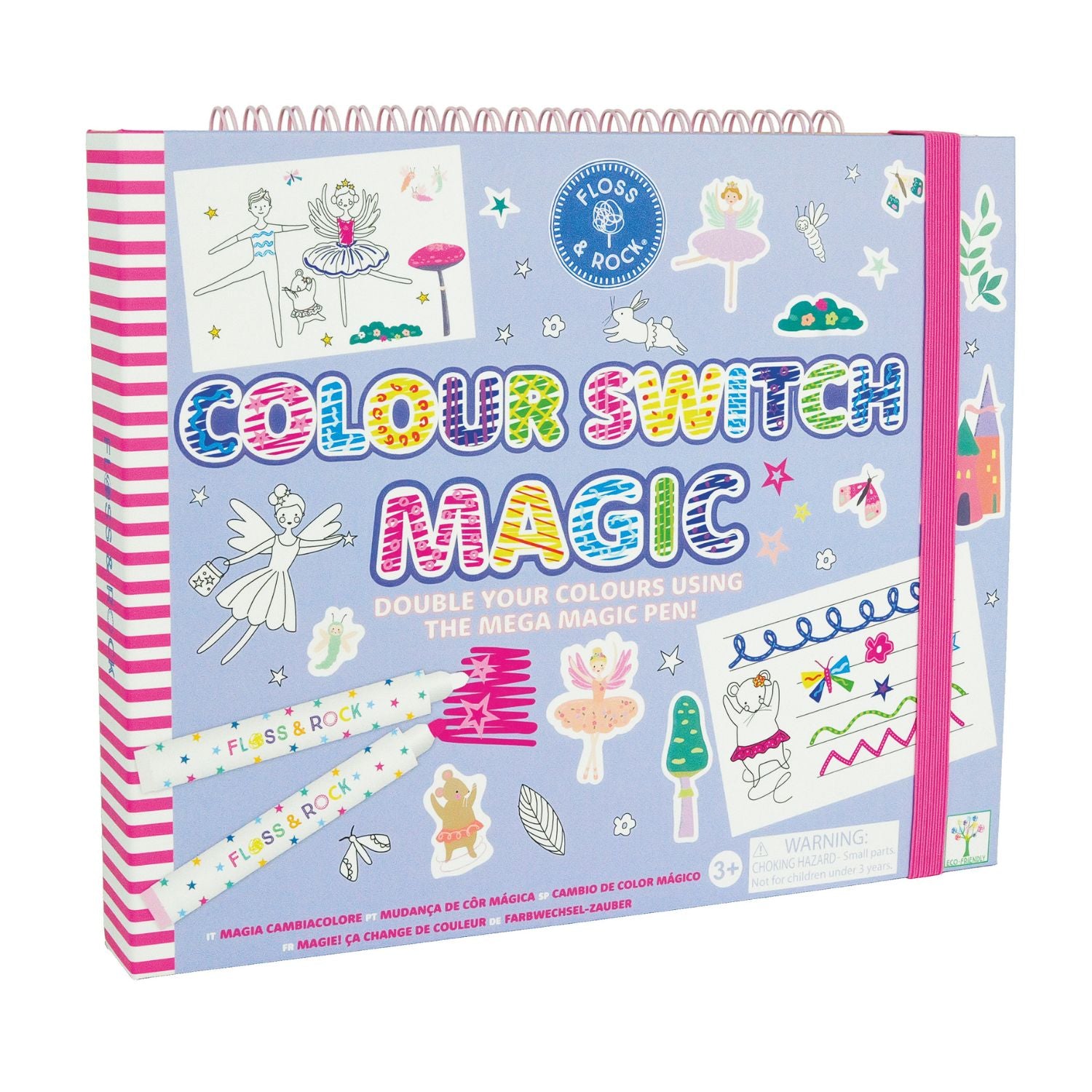 A colorful art and craft activity book titled 'Colour Switch Magic' featuring illustrations of fairies and various craft elements, with a magic white pen included.