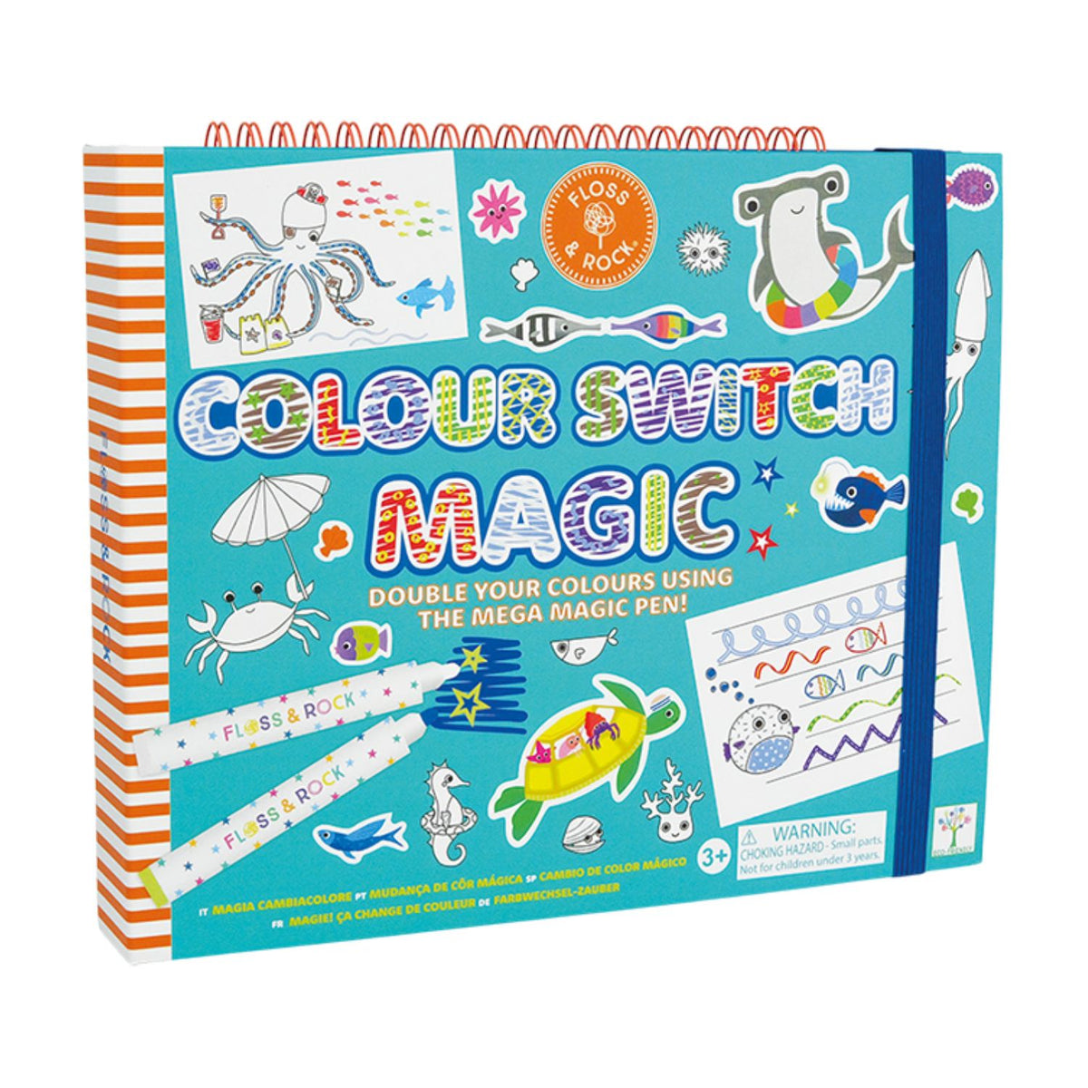 The Colour Switch Magic activity pad showing the 6 coloured pens and 1 magic white pen tucked into the ring-bound case with a secure elastic closure.