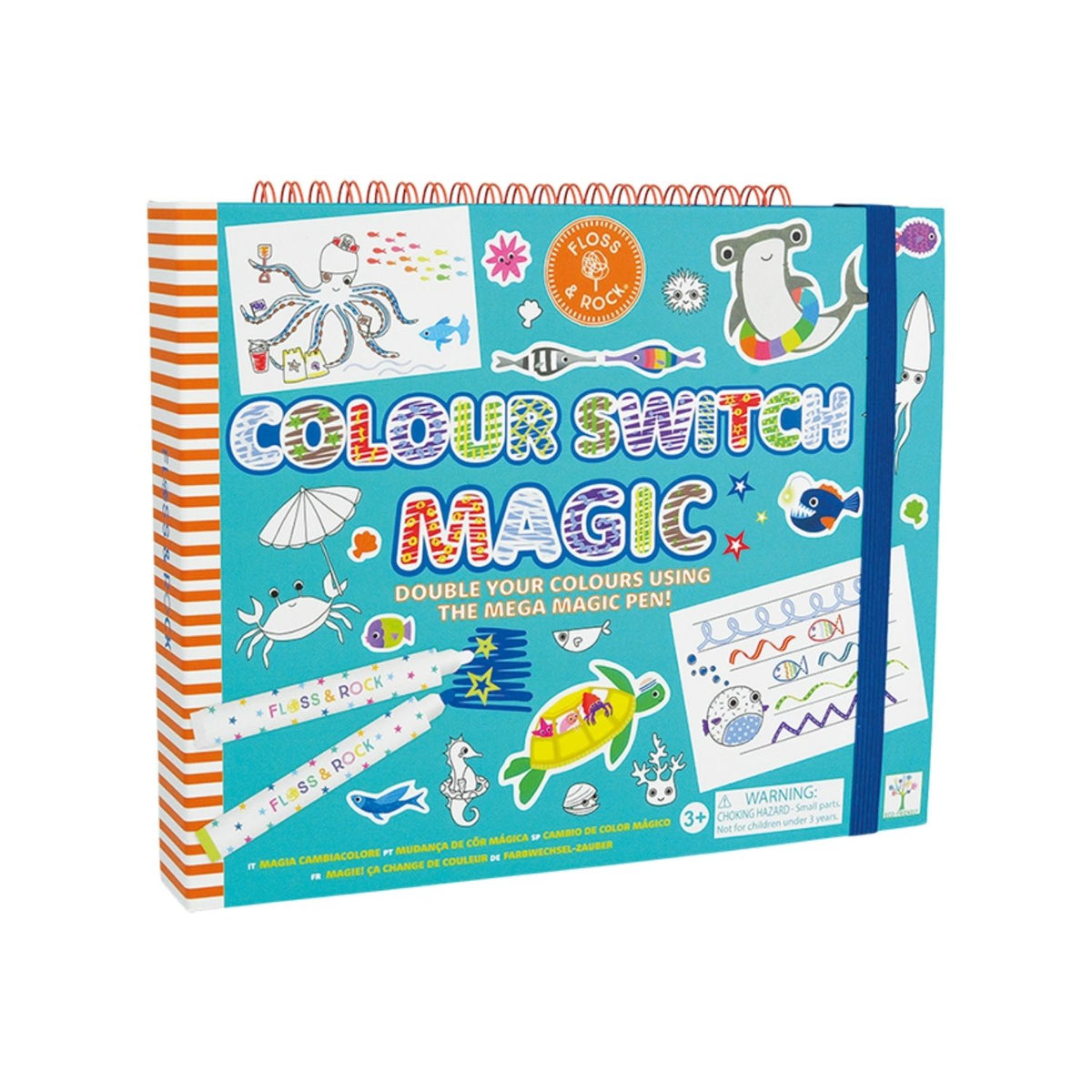 The Colour Switch Magic activity pad showing the 6 coloured pens and 1 magic white pen tucked into the ring-bound case with a secure elastic closure.
