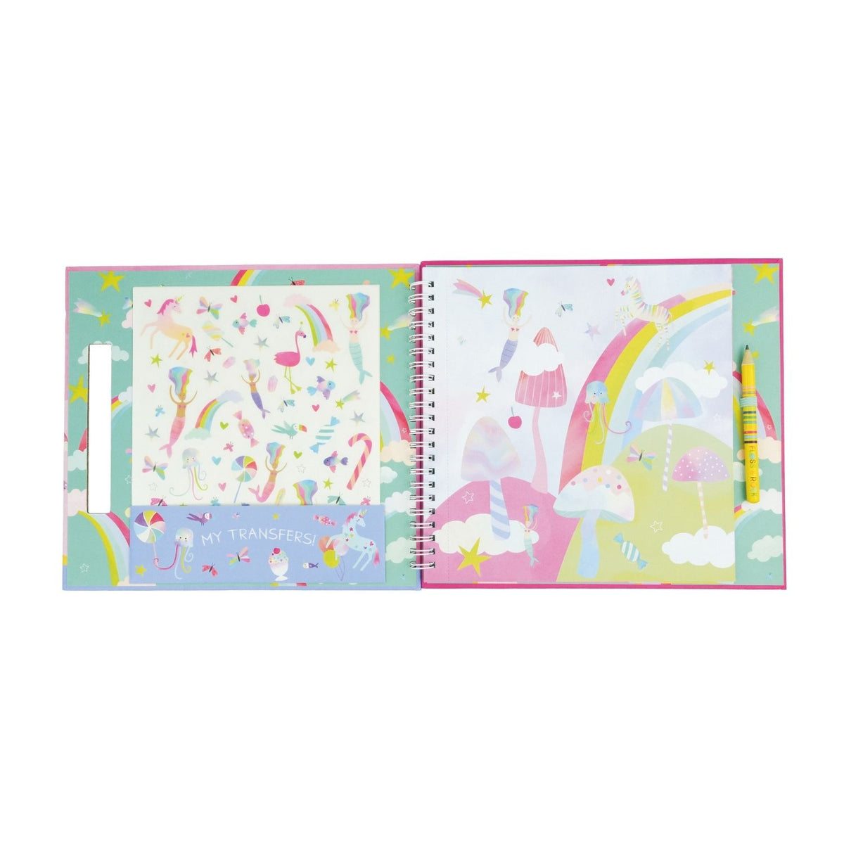 Inside view of a fantasy rub down transfer kit showing the "My Transfers" storage pocket, the included pencil, and a mystical ocean illustration ready for decorating.