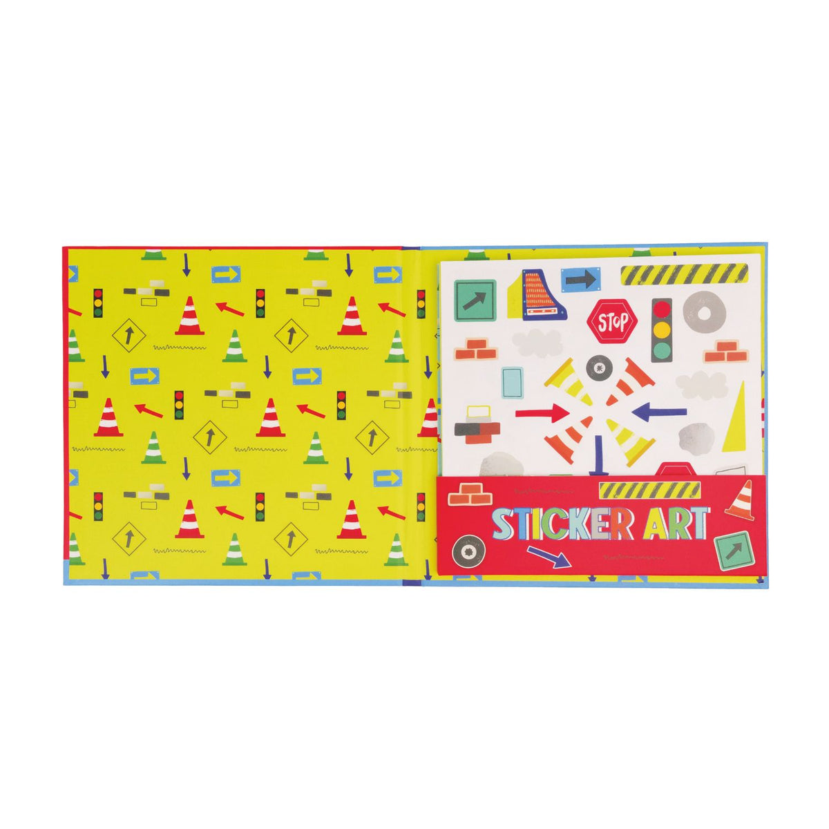 A sticker art book with a construction theme, featuring various colorful illustrations of construction vehicles and characters.