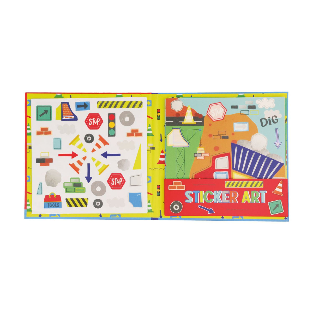 A sticker art book with a construction theme, featuring various colorful illustrations of construction vehicles and characters.