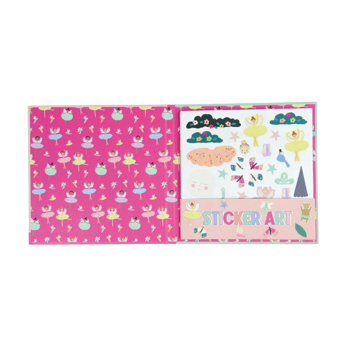A sticker art book for children with illustrations of fairies and flowers on the cover.