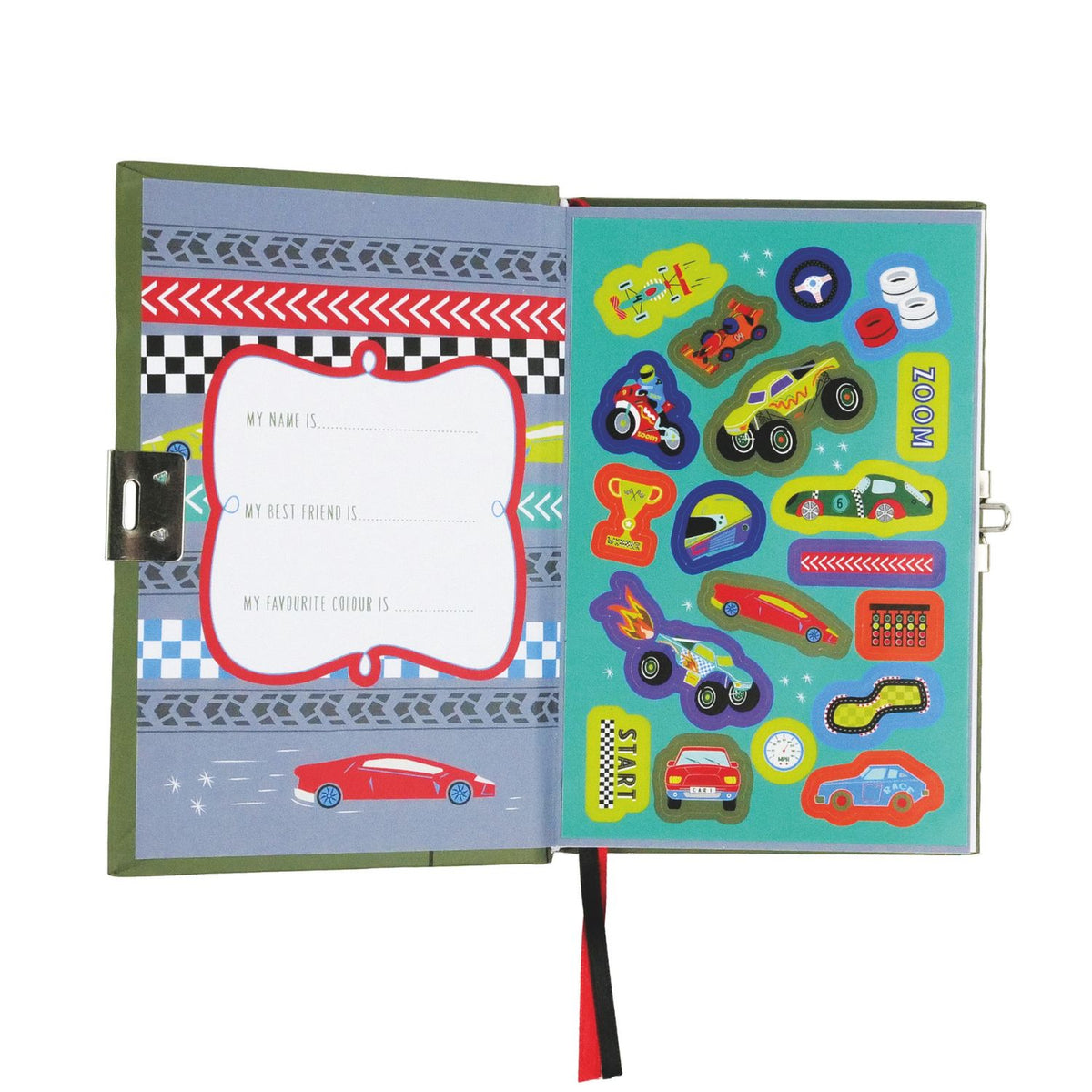 A colorful children's diary titled 'MY SECRET DIARY' with a car theme, including illustrations of racing cars, a padlock, and a sticker sheet. The diary smells of chocolate and has a scratch & sniff cover.