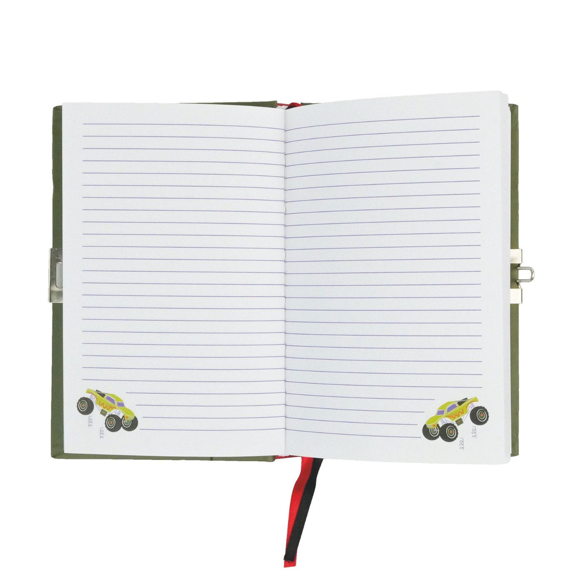 A colorful children's diary titled 'MY SECRET DIARY' with a car theme, including illustrations of racing cars, a padlock, and a sticker sheet. The diary smells of chocolate and has a scratch & sniff cover.