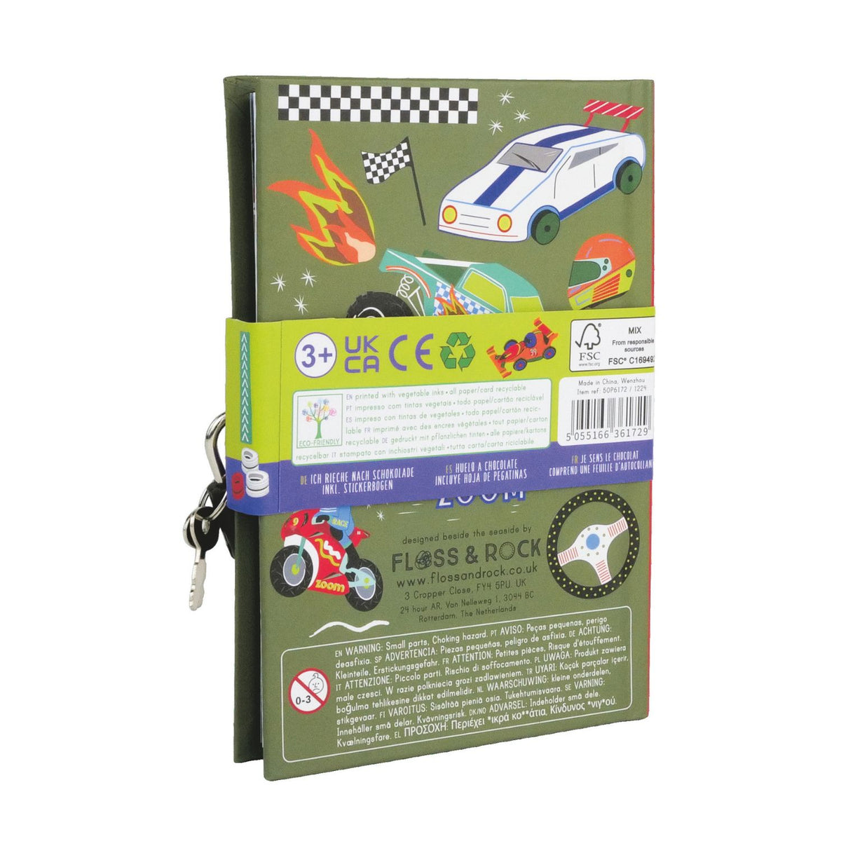 A colorful children's diary titled 'MY SECRET DIARY' with a car theme, including illustrations of racing cars, a padlock, and a sticker sheet. The diary smells of chocolate and has a scratch & sniff cover.