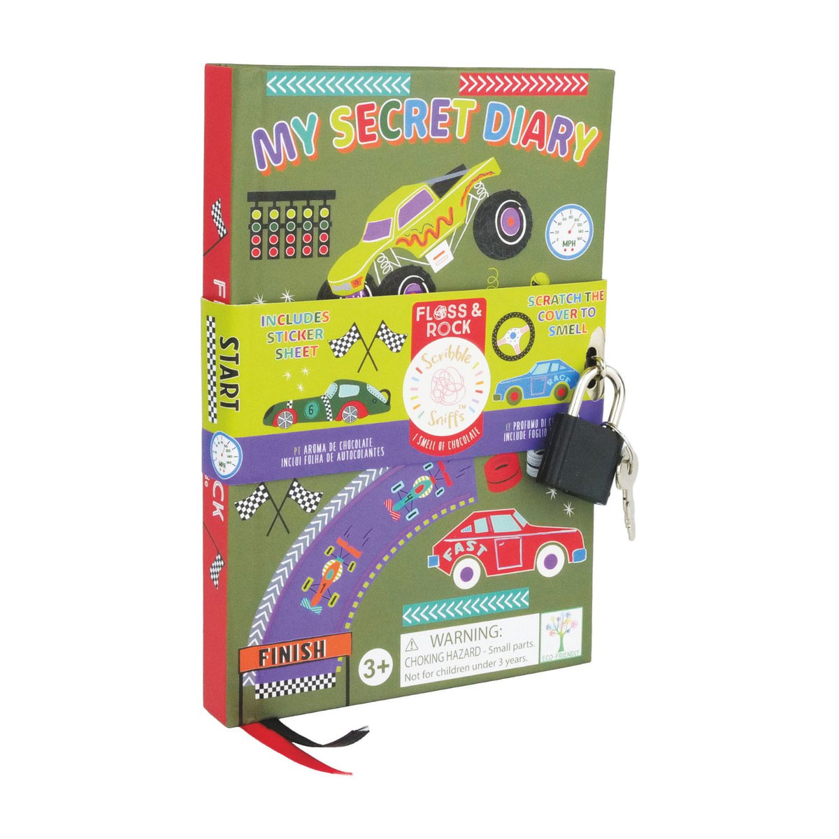 A colorful children's diary titled 'MY SECRET DIARY' with a car theme, including illustrations of racing cars, a padlock, and a sticker sheet. The diary smells of chocolate and has a scratch & sniff cover.