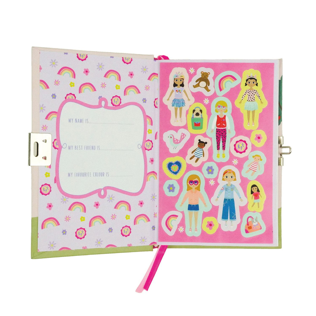 A colorful children's diary titled 'My Scented Secret Diary' with illustrations of dolls and a scratch and sniff cover, accompanied by a padlock and key, and a sticker sheet.