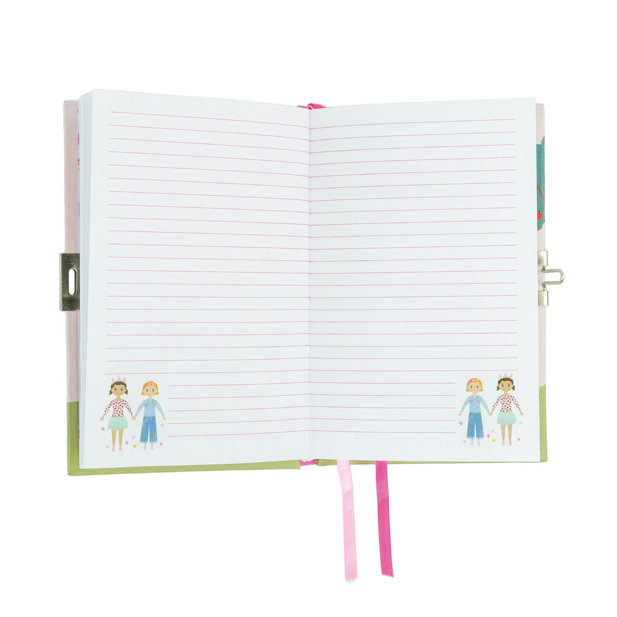 Inside the colorful children's diary titled 'My Scented Secret Diary' with illustrations of dolls and a scratch and sniff cover, accompanied by a padlock and key, and a sticker sheet.