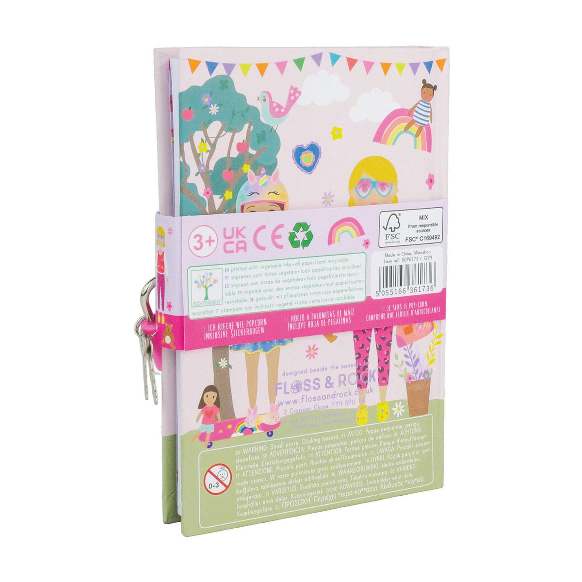 A colorful children's diary titled 'My Scented Secret Diary' with illustrations of dolls and a scratch and sniff cover, accompanied by a padlock and key, and a sticker sheet.