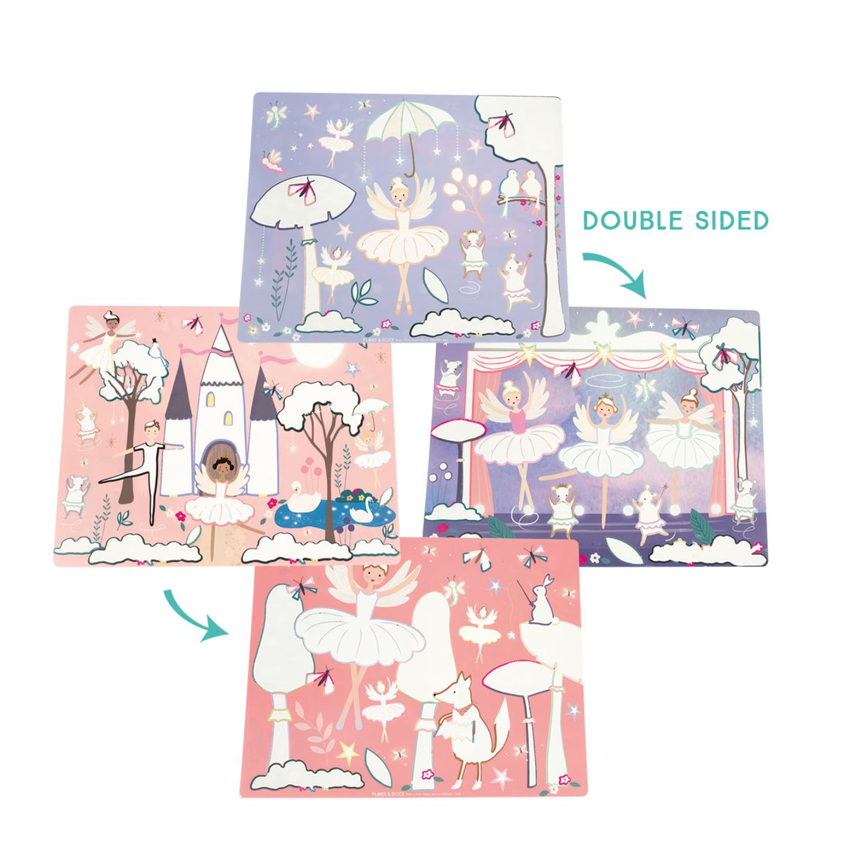 Double-sided children's activity placemat for mealtimes with fairy and castle designs on a white background