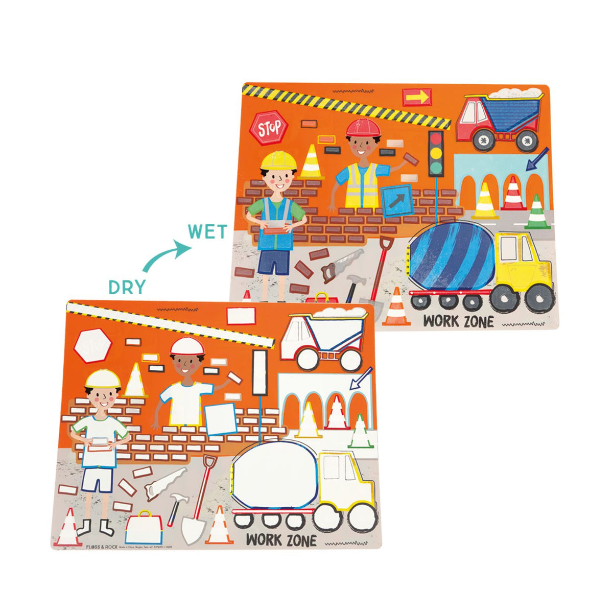 Two construction-themed activity mats with workers and vehicles 