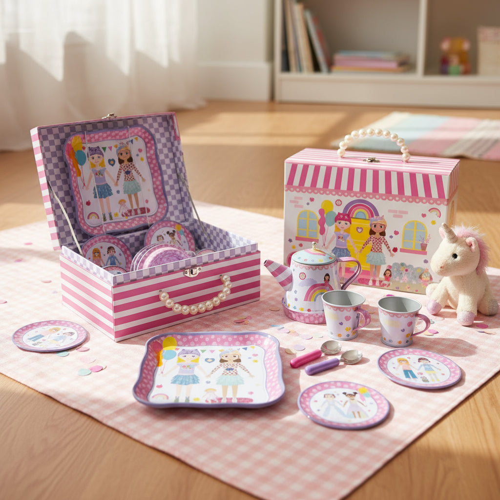 Host a tea party anywhere with this premium children’s tea set in a reusable carry case. Featuring a pearl-style handle and durable pieces, it’s a mess-free travel toy for holidays and playdates.