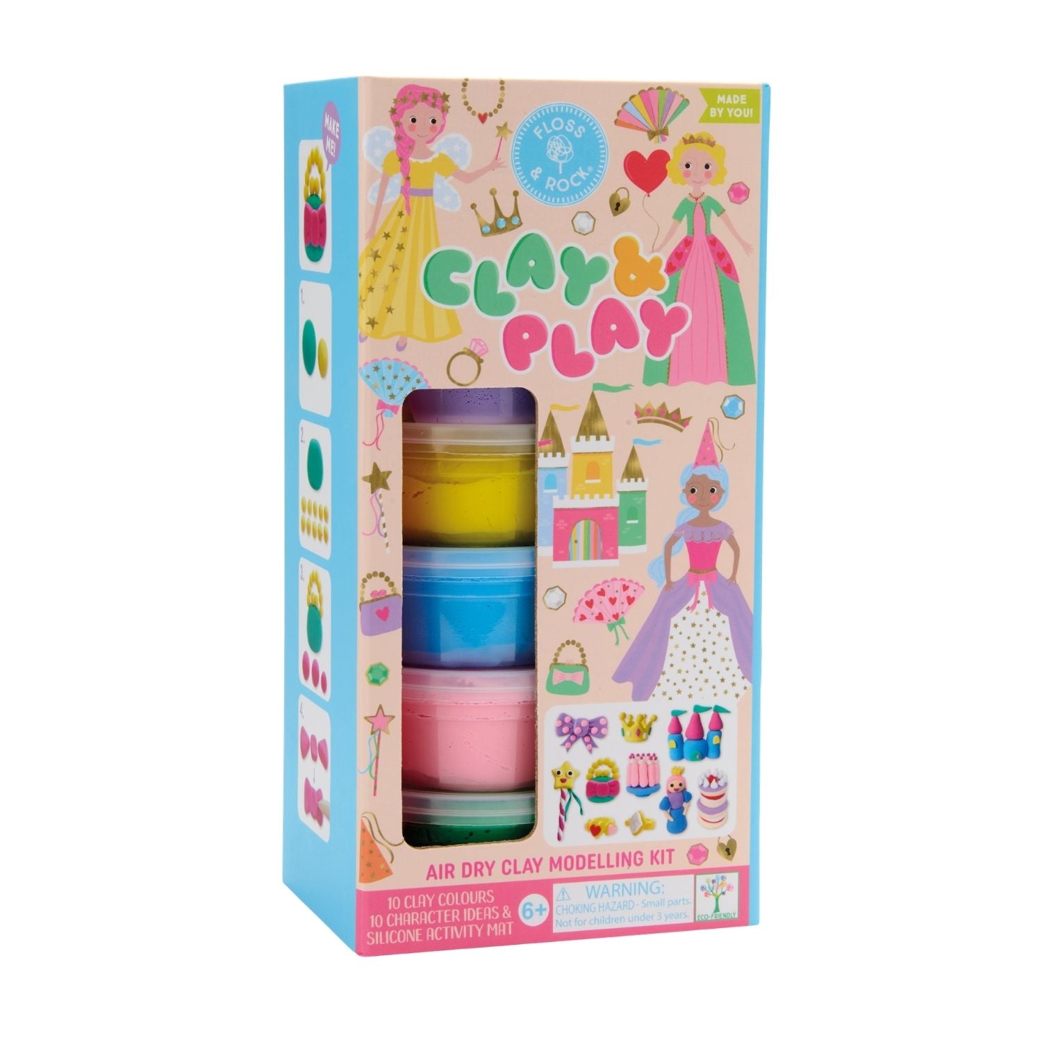 Clay and Play Princess Kit showing 6 pots of colourful air-dry clay, wooden styling tool, and instruction cards against a pink princess-themed background.