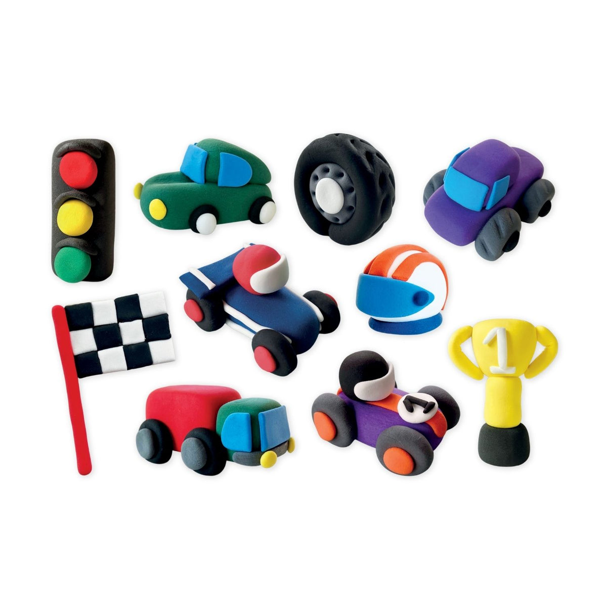 Collection of colorful air-dry-clay race cars, traffic light, checkered flag, and trophy. All part of the DIY kit.