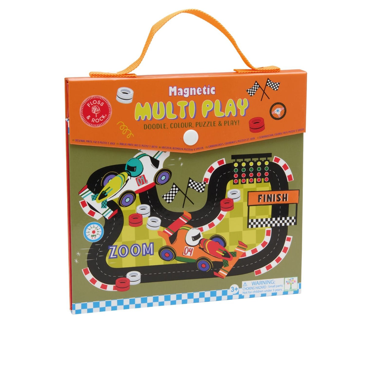 A 4-in-1 Magnetic Multi Play Cars activity set opened flat to show the 20-piece magnetic puzzle, doodle board, and pop-out car play pieces.