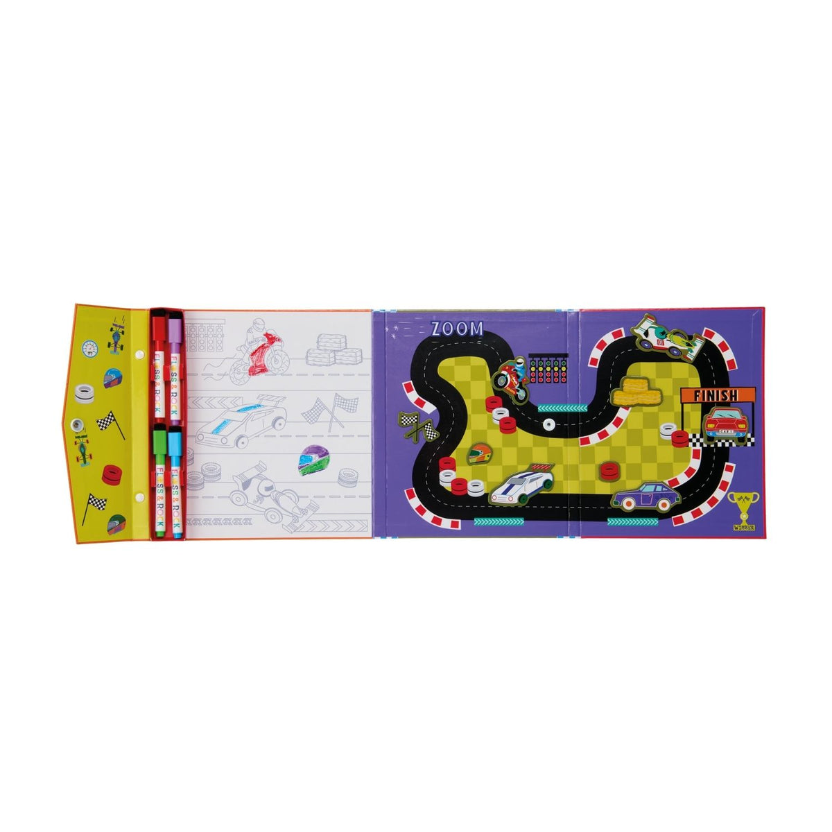 A top-down view of the 4 colourful dry-wipe pens with eraser tips, the pop-out magnetic vehicles, and the eco-friendly FSC-certified packaging.