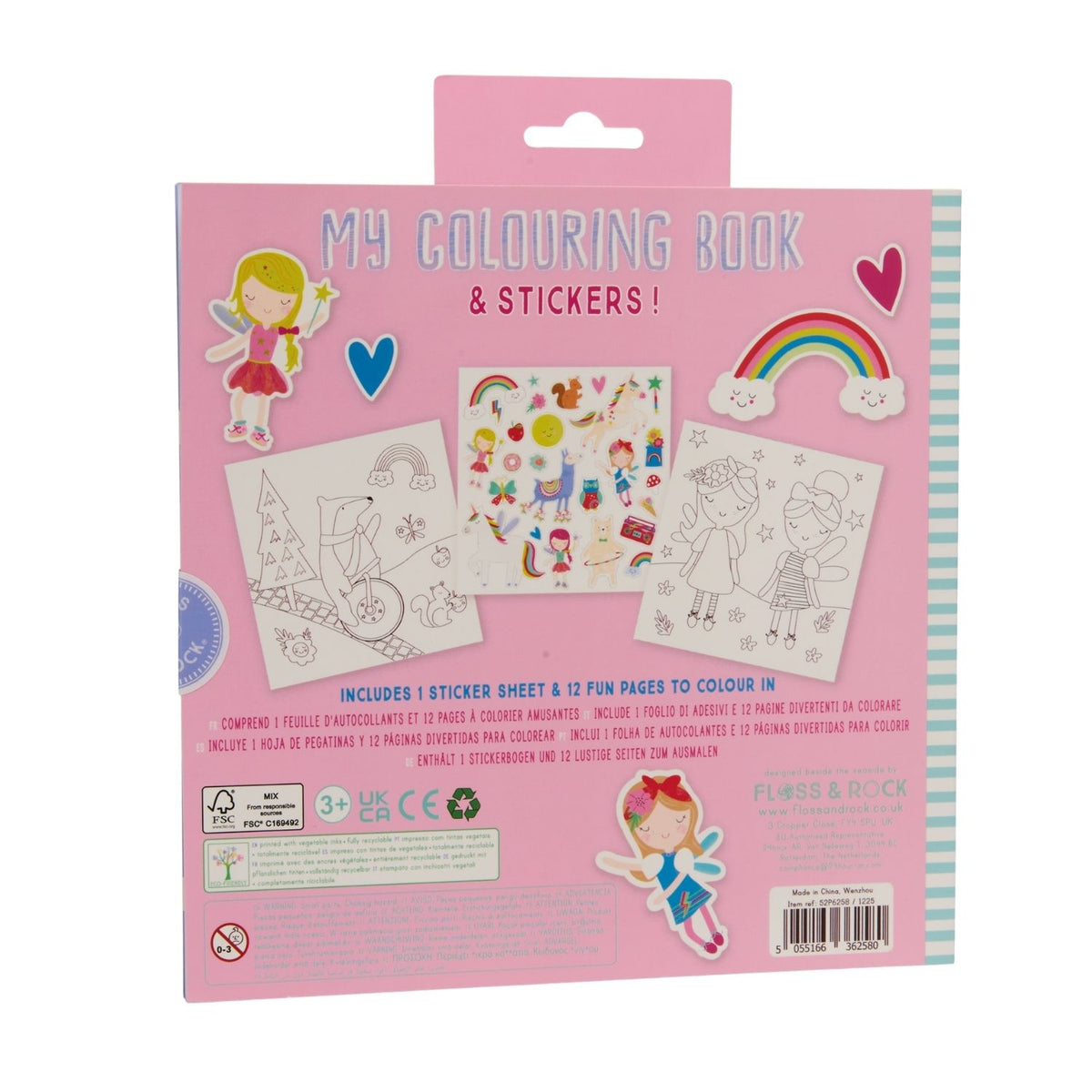 Packaging of a coloring book and stickers set with illustrations  showing fairies, rainbows and unicorns and hearts