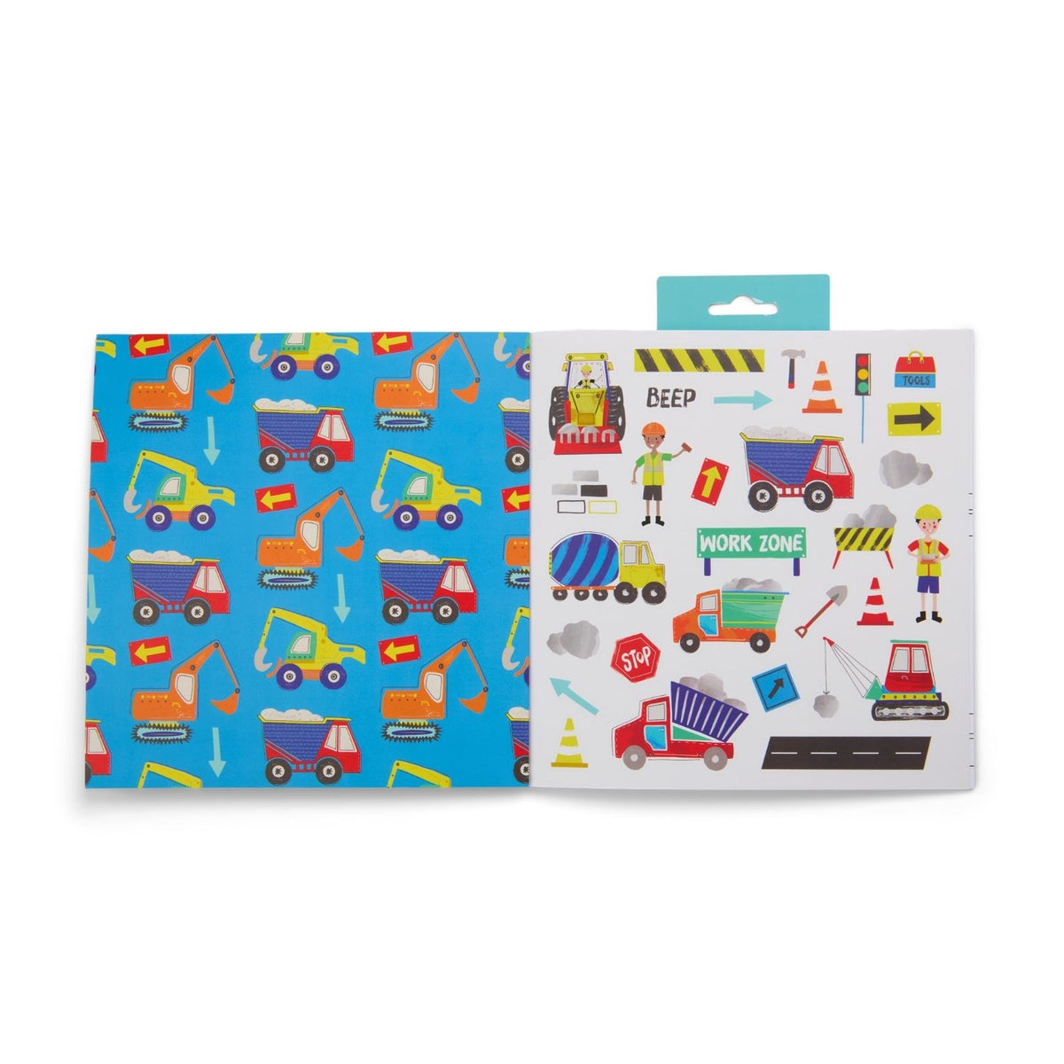 A matching bonus construction sticker sheet included with the Scribble Sniff book, featuring cute characters and icons that complement the book's theme with diggers, trucks etc.