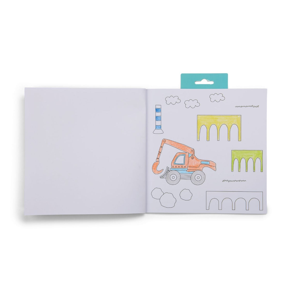 An open Scribble Sniff construction colouring book showing one of the 12 fun, large-scale line art designs ready to be coloured by children aged 3 and up.