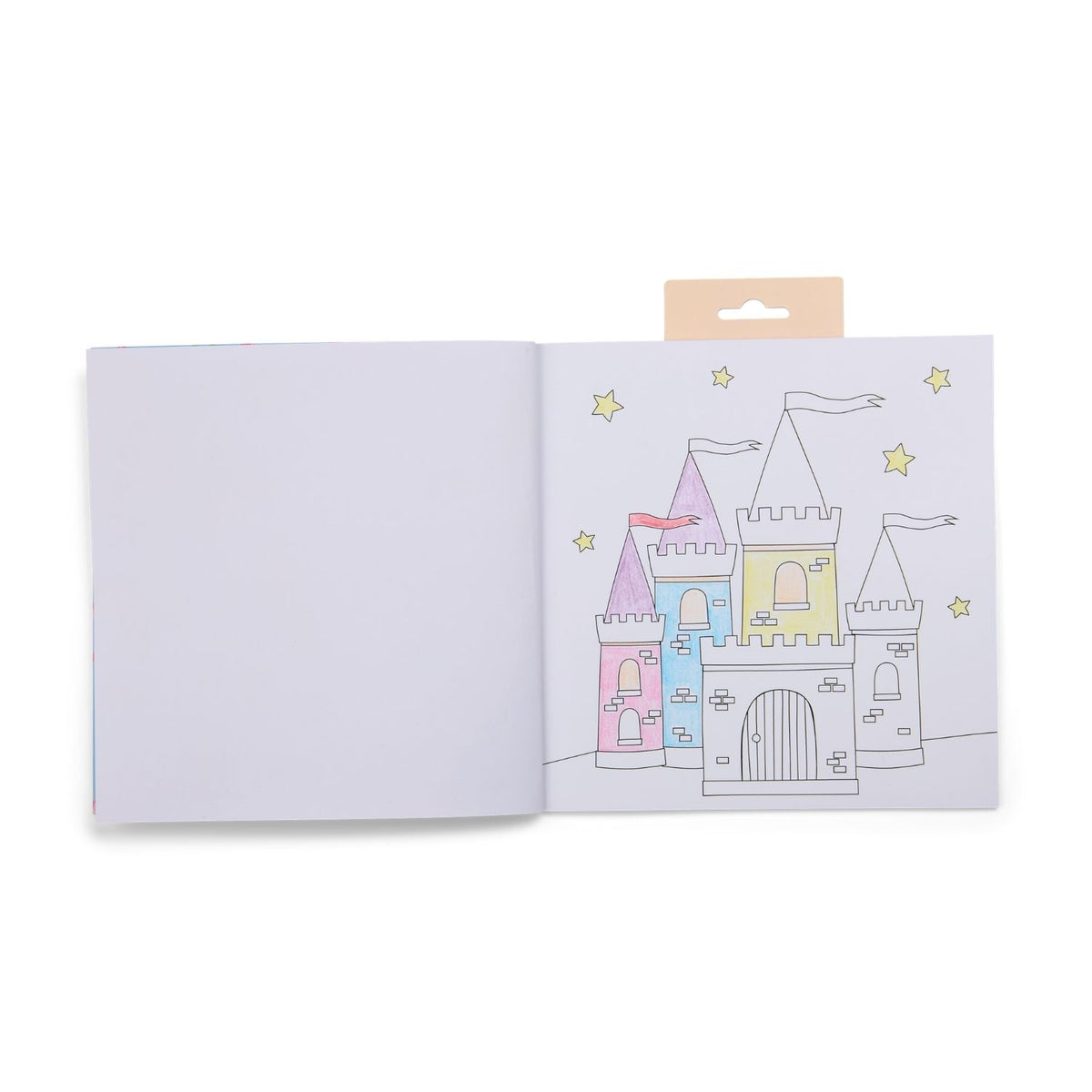 An open princess Scribble Sniff book showing a castle - one of the 12 fun, large-scale line art designs ready to be coloured by children aged 3 and up.