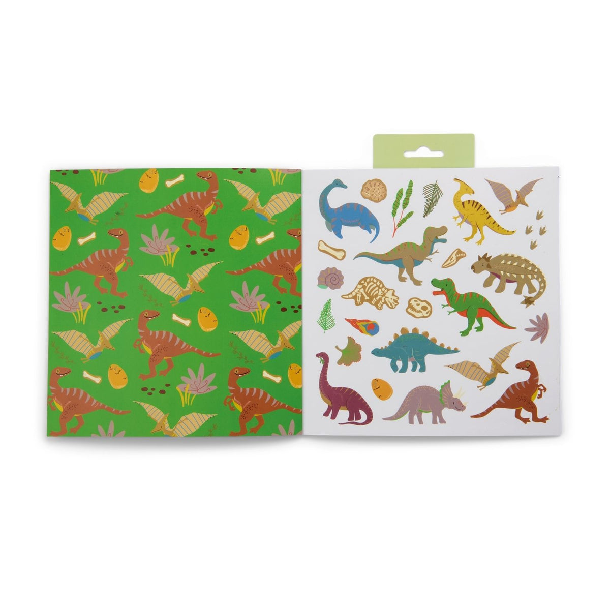 An open Dinosaur Scribble Sniff book showing one of the 12 fun, large-scale line art designs ready to be coloured by children aged 3 and up.