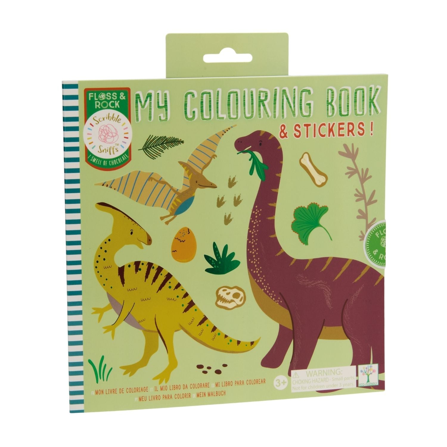 A Scribble Sniff Colouring Book featuring a dinosaur themed cover with a "Scratch and Sniff" icon, 12 internal pages, and a colourful sticker sheet.