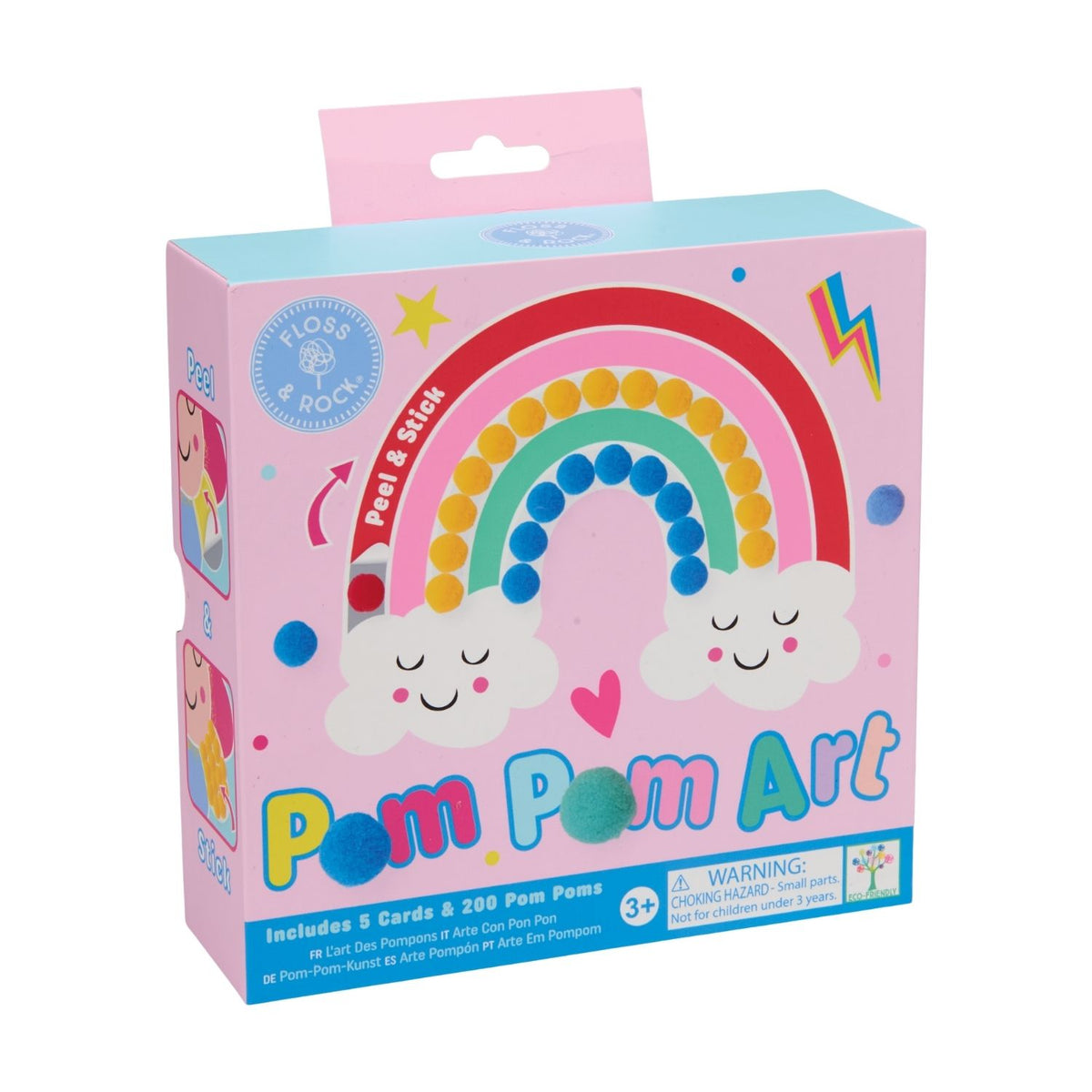 A Pom Pom Art Kit containing five 2D picture cards and a pile of two hundred multi-coloured soft pom poms, suitable for toddlers and children aged three plus.