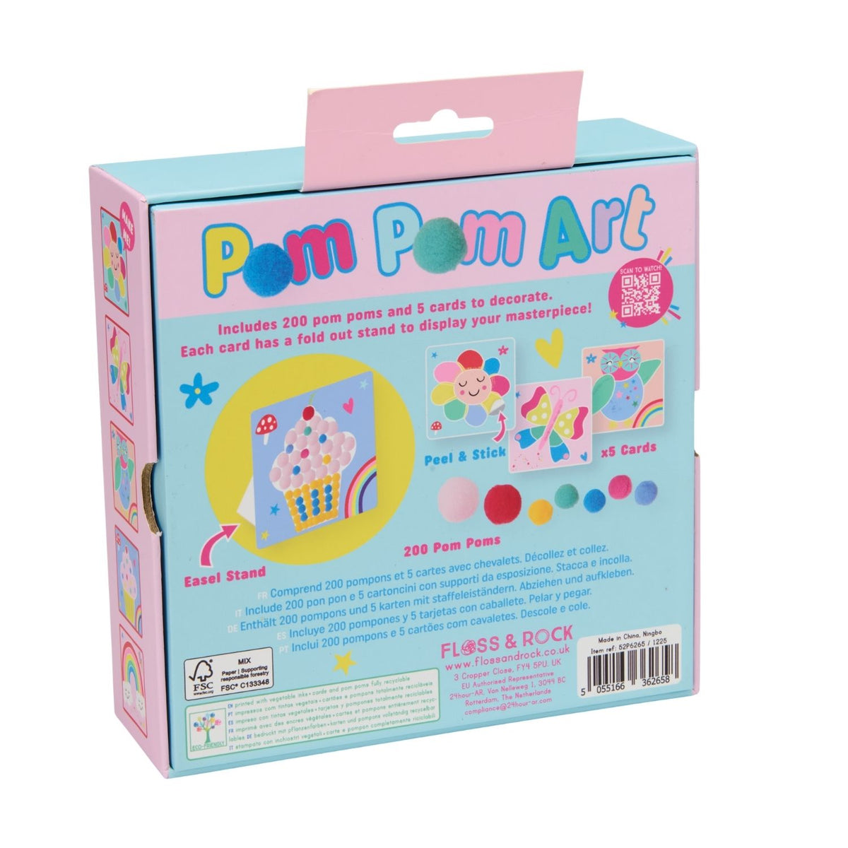 Pom Pom Art packaging showing how this mess-free toddler craft kit includes 5 cards with built-in stands to display finished art. Encourages motor skills and color matching.