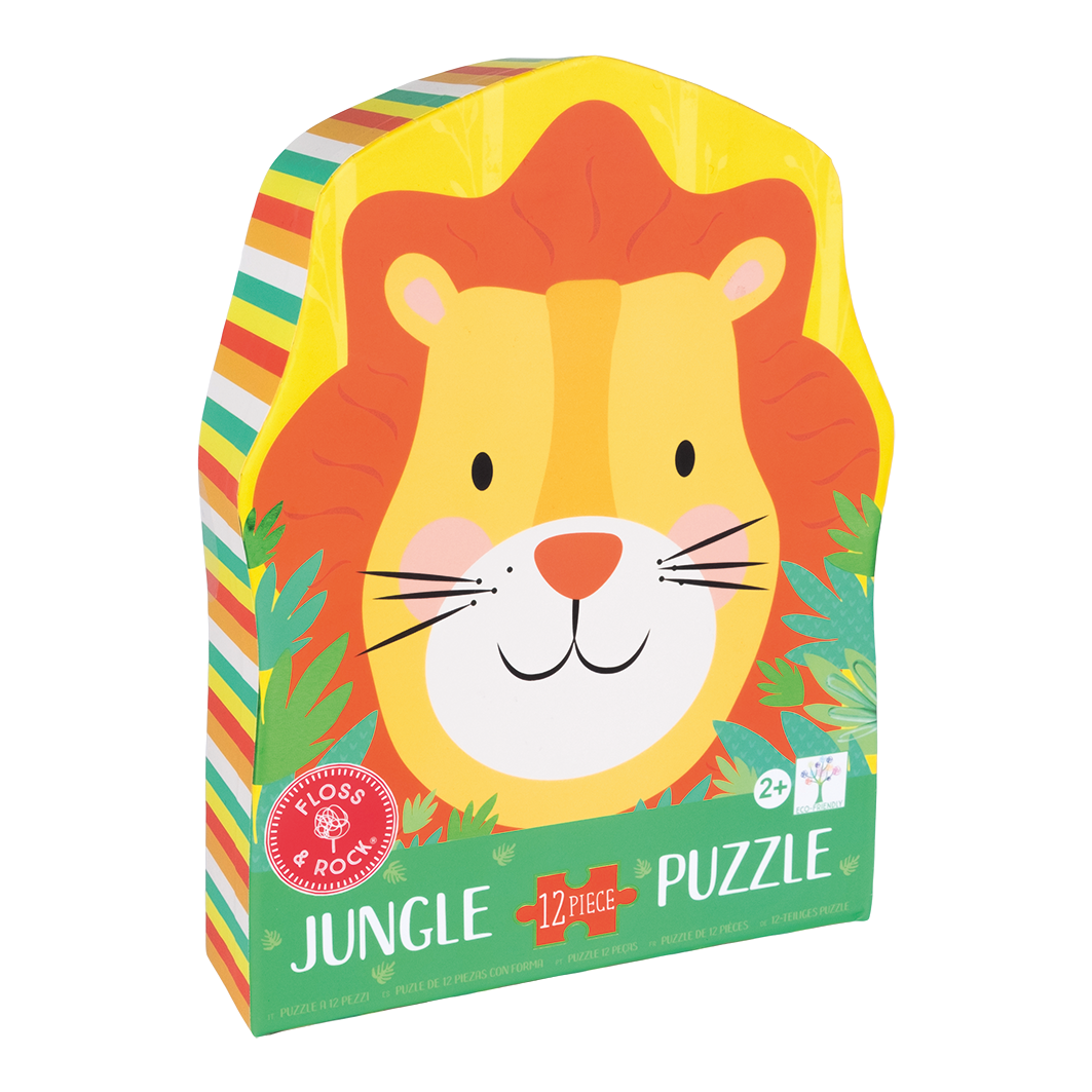 Shaped animal jigsaw featuring a friendly lion design, shown next to its matching lion-shaped decorative gift box for easy storage.