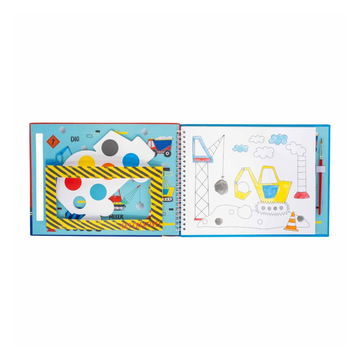 The pad opened to a scene, showcasing the 8 tear-out pictures, the built-in truck-shaped paint palettes, and the included brush.