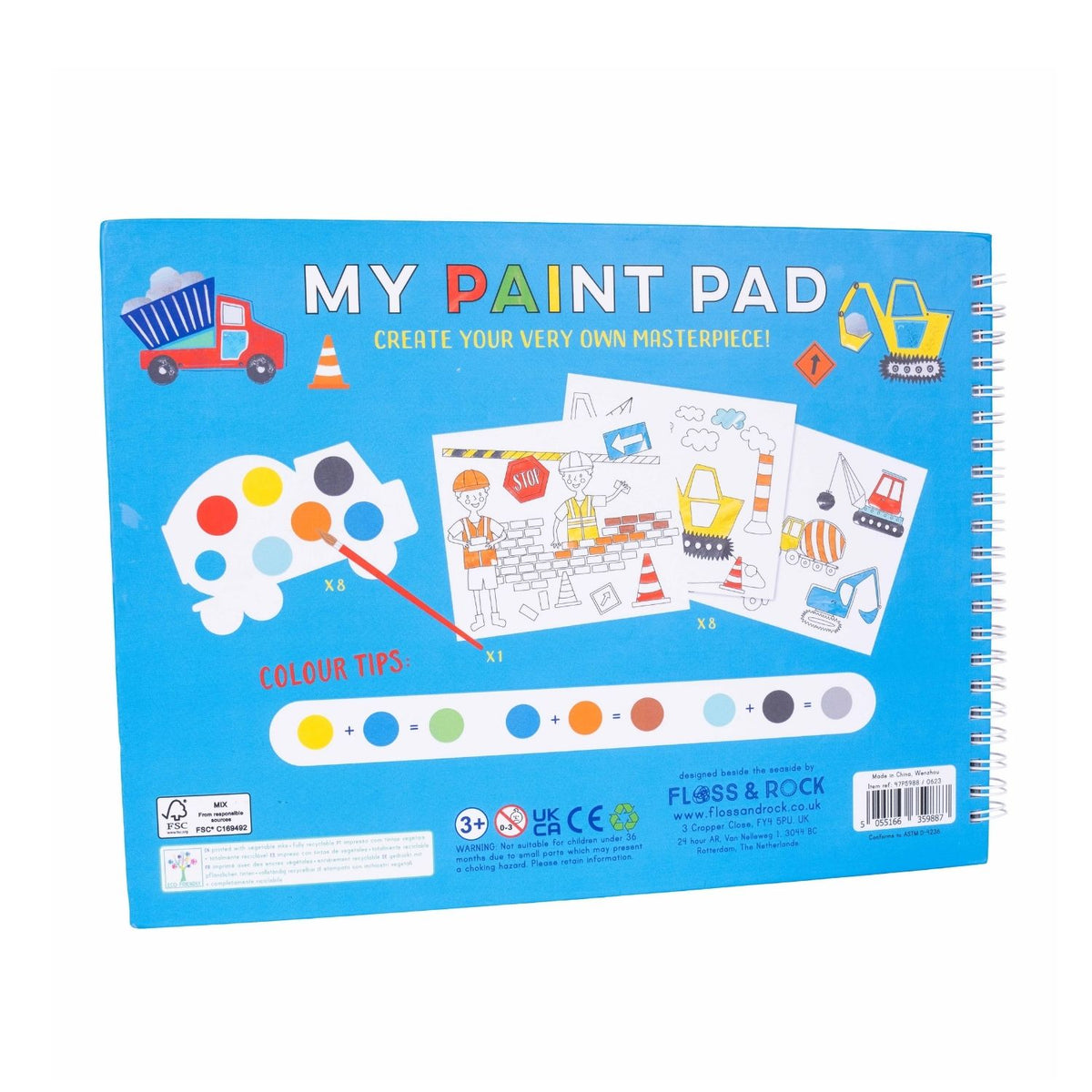 The My Paint Pad Construction set showing the spiral-bound cover with a vibrant truck illustration and the integrated paintbrush.