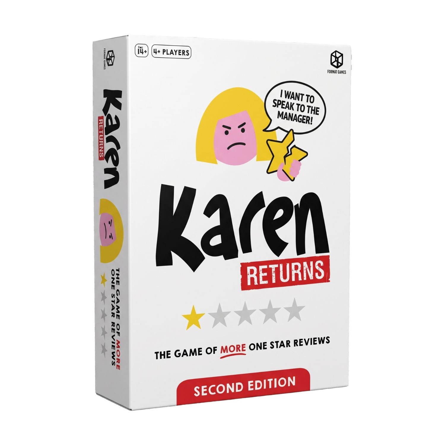 The Karen Returns Game box set featuring one star reviews, 6 wipe-clean pads, 6 dry-erase pens, score tokens, dice and instructions