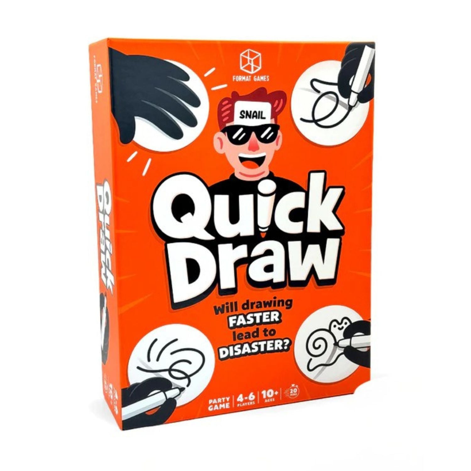 The Quick Draw board game box by Format Games, featuring high-energy graphics of scribbled doodles and a bold "Speed Over Skill" tagline.