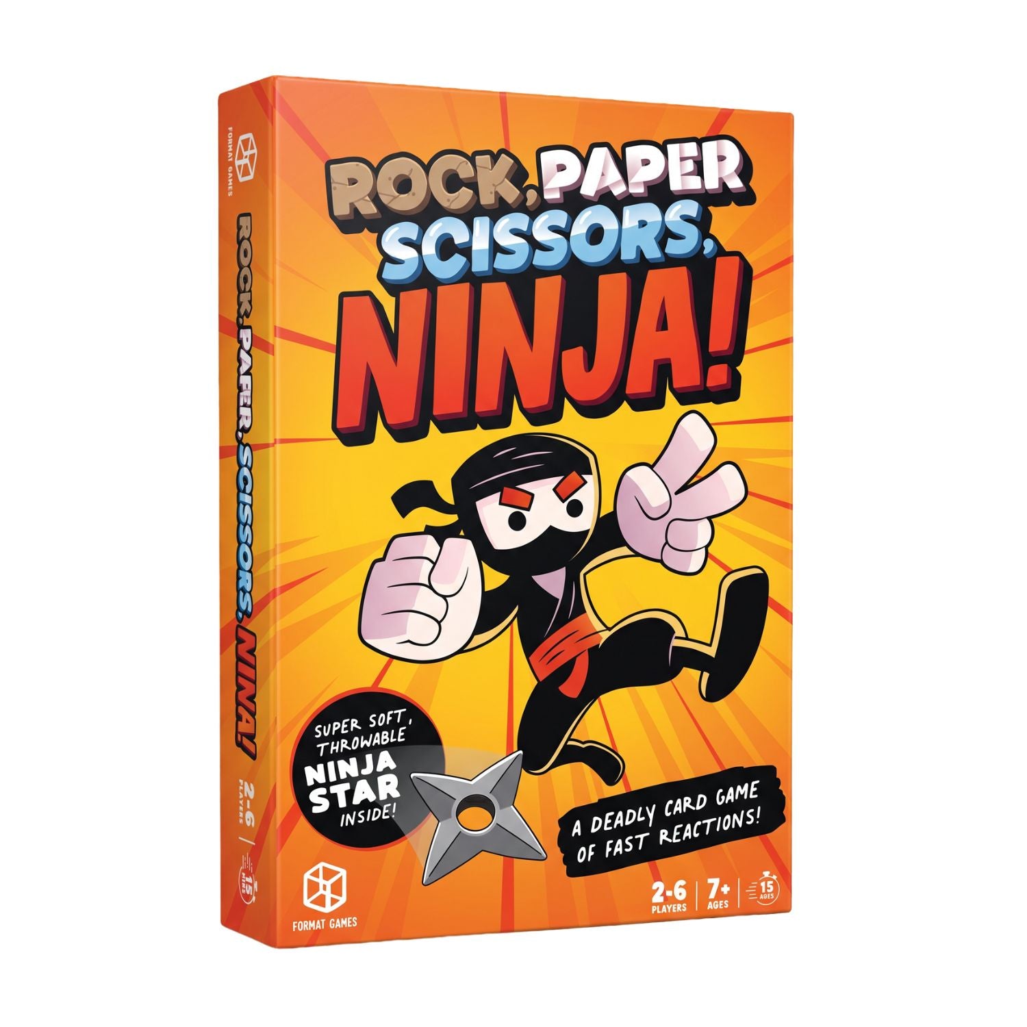 Rock Paper Scissors Ninja card game box set by Format Games, including a deck of action cards and a soft, black foam ninja star.